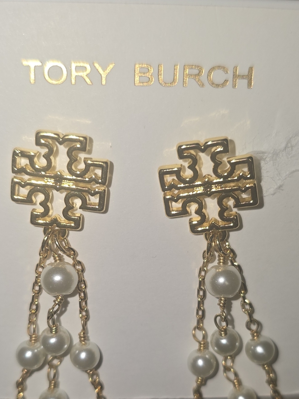 New Authentic Tory Burch Gold-Tone Logo Faux Pearl Dangle Drop Stud Earrings - Picture 4 of 6